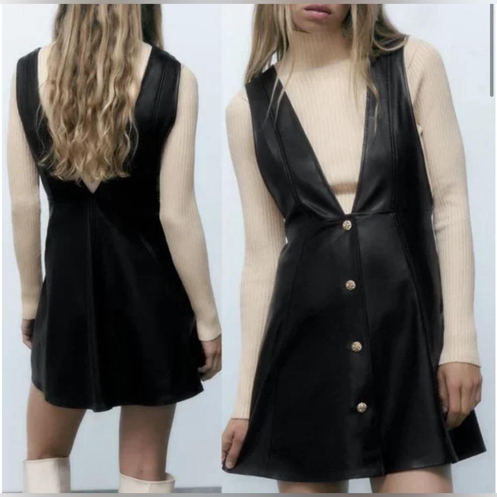 NEW Zara Faux Leather Gold Button Pinafore Overall Skirtall Dress Black